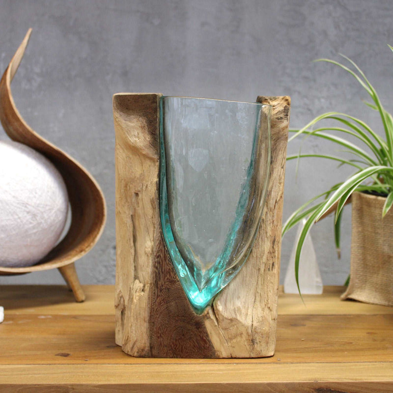 Molton Glass V-shaped Art Vase on Wood